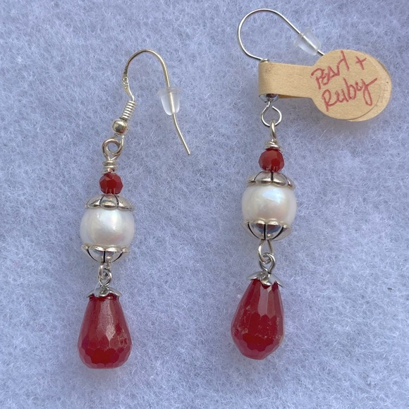 Natural Red Ruby & White Cultured Pearl Earrings - Picture 2 of 3